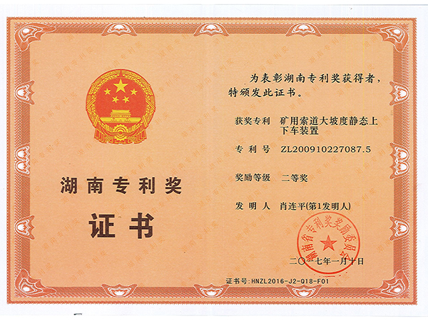 湖南專利獎(jiǎng)二等獎(jiǎng)(礦用索道大坡度靜態(tài)上下車裝置) 湖南專利獎(jiǎng)二等獎(jiǎng)(礦用索道大坡度靜態(tài)上下車裝置)