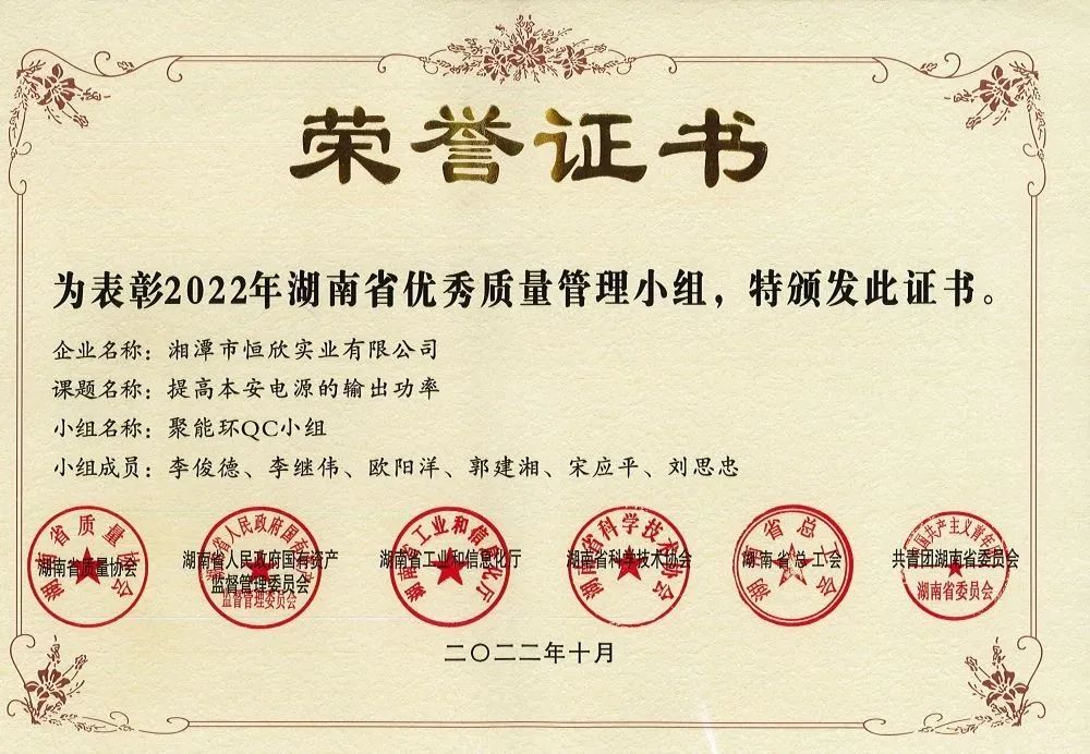 獲評(píng)湖南省優(yōu)秀質(zhì)量管理小組 獲評(píng)湖南省優(yōu)秀質(zhì)量管理小組